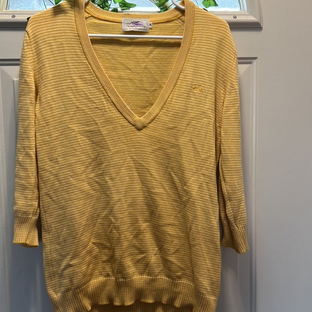 VINTAGE THOMAS BURBERRY By Burberry Stripe Vneck Cotton Swweater Yellow Top